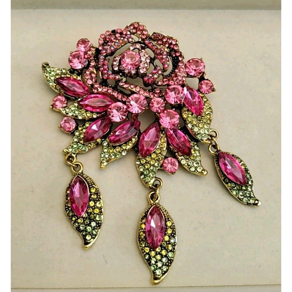 Pink & Green Rhinestone Flower Brooch Designer Styled